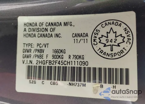 2012 Honda Civic Lx from USA, damaged, VIN 2HGFB2F45CH111090